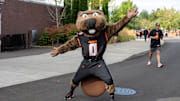Sep 14, 2024; Corvallis, Oregon, USA; Oregon State Beavers mascot Benny Beaver arrives before the game against the Oregon Ducks at Reser Stadium. Mandatory Credit: Craig Strobeck-Imagn Images