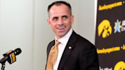 Ben McCollum, Iowa's new head men's basketball coach, speaks during his introductory press conference Tuesday, March 25, 2025 at Carver-Hawkeye Arena in Iowa City, Iowa.