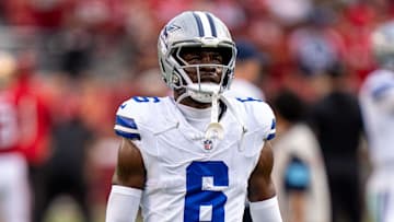 Oct 27, 2024; Santa Clara, California, USA; Dallas Cowboys safety Donovan Wilson (6) during warmups before the start of the game against the San Francisco 49ers at Levi's Stadium. Mandatory Credit: Neville E. Guard-Imagn Images