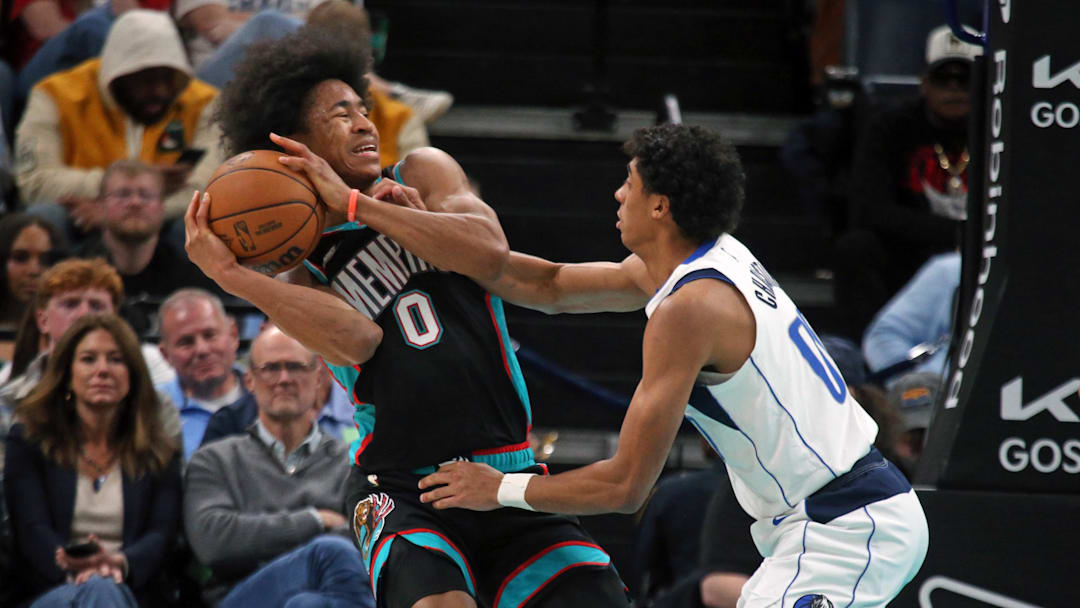 Mar 12, 2026; Memphis, Tennessee, USA; Memphis Grizzlies forward Jaylen Wells (0) handles the ball as Dallas Mavericks guard Max Christie (00) defends during the second quarter at FedExForum. Mandatory Credit: Petre Thomas-Imagn Images