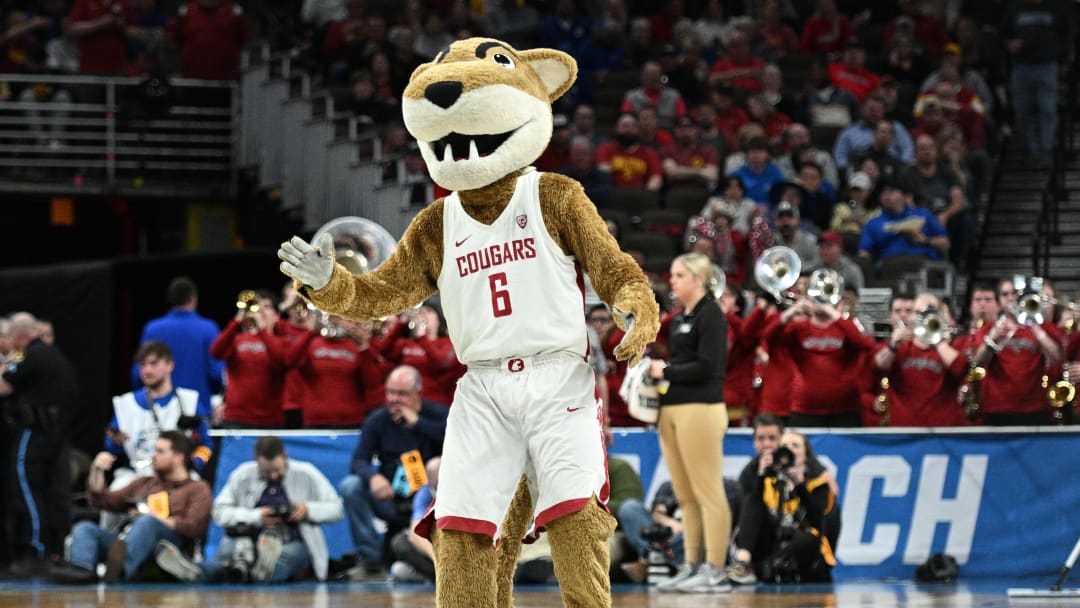 Mar 21, 2024; Omaha, NE, USA; The Washington State Cougars mascot Butch T. Cougar performs in the first half against the Drake Bulldogs in the first round of the 2024 NCAA Tournament at CHI Health Center Omaha. Mandatory Credit: Steven Branscombe-USA TODAY Sports