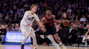 Jan 30, 2024; New York, New York, USA; New York Knicks guard Quentin Grimes (6) drives to the basket against Utah Jazz forward Lauri Markkanen (23) during the second quarter at Madison Square Garden. Mandatory Credit: Brad Penner-USA TODAY Sports