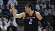 Mar 8, 2024; San Diego, California, USA; Boise State Broncos forward Tyson Degenhart (2) gestures after a basket against the San Diego State Aztecs during the first half at Viejas Arena. Mandatory Credit: Orlando Ramirez-Imagn Images