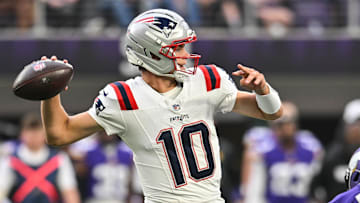 Aug 16, 2025; Minneapolis, Minnesota, USA;  New England Patriots quarterback Drake Maye (10) throws a pass against the Minnesota Vikings during the first quarter at U.S. Bank Stadium. Mandatory Credit: Jeffrey Becker-Imagn Images
