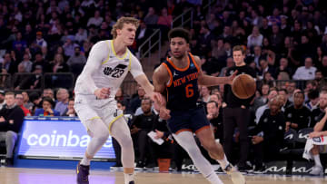 Jan 30, 2024; New York, New York, USA; New York Knicks guard Quentin Grimes (6) drives to the basket against Utah Jazz forward Lauri Markkanen (23) during the second quarter at Madison Square Garden. Mandatory Credit: Brad Penner-USA TODAY Sports