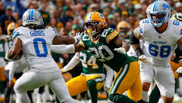 Green Bay Packers safety Javon Bullard (20) pursues Detroit Lions running back Jahmyr Gibbs (0) on Sunday, September 7, 2025, at Lambeau Field in Green Bay, Wis. The Packers won the game, 27-13.
Tork Mason/USA TODAY NETWORK-Wisconsin