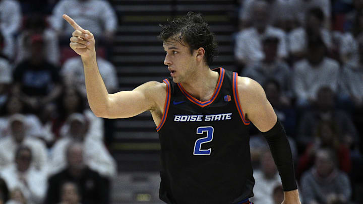 Mar 8, 2024; San Diego, California, USA; Boise State Broncos forward Tyson Degenhart (2) gestures after a basket against the San Diego State Aztecs during the first half at Viejas Arena. Mandatory Credit: Orlando Ramirez-Imagn Images Mar 8, 2024; San Diego, California, USA; Boise State Broncos forward Tyson Degenhart (2) gestures after a basket against the San Diego State Aztecs during the first half at Viejas Arena. Mandatory Credit: Orlando Ramirez-Imagn Images