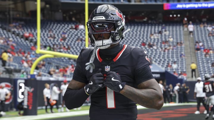 Aug 17, 2024; Houston, Texas, USA; Houston Texans wide receiver Stefon Diggs (1) before the game against the New York Giants at NRG Stadium. 