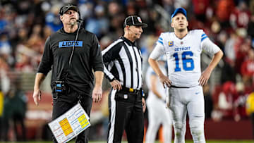 Detroit Lions head coach Dan Campbell and quarterback Jared Goff (16) watch a replay against San Francisco 49ers during the second half at Levi's Stadium in Santa Clara, Calif. on Monday, Dec. 30, 2024.