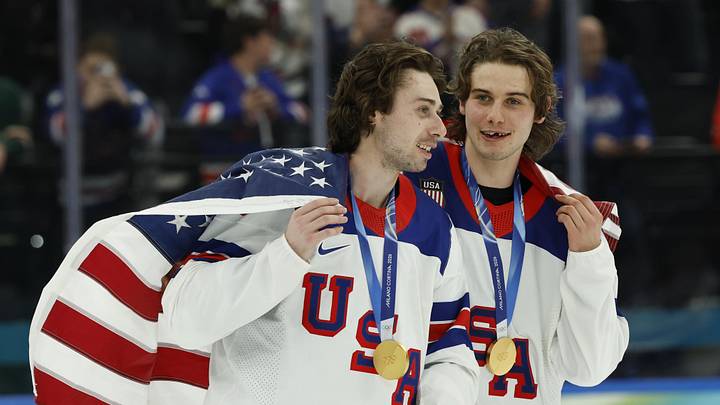 Quinn Hughes (43) and Jack Hughes (86) of the United States celebrate after the Milano Cortina 2026 Olympic Winter Games: Geoff Burke-Imagn Images