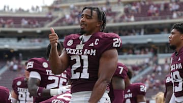 Sep 6, 2025; College Station, Texas, USA; Texas A&M Aggies linebacker Taurean York (21) celebrates after a win against the Utah State Aggies at Kyle Field. Mandatory Credit: Sean Thomas-Imagn Images