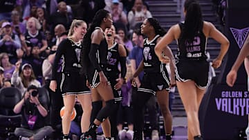 Sep 2, 2025; San Francisco, California, USA; Golden State Valkyries center Temi Fagbenle (14) celebrates with teammates after a play against the New York Liberty during the second quarter at Chase Center. Mandatory Credit: Kelley L Cox-Imagn Images