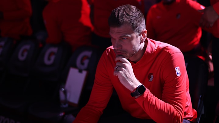 Mar 23, 2026; Portland, Oregon, USA; Portland Trail Blazers Interim Head Coach Tiago Splitter prepares on the bench before the Trail Blazers play against the Brooklyn Nets during the first half at Moda Center. Mandatory Credit: Jaime Valdez-Imagn Images
