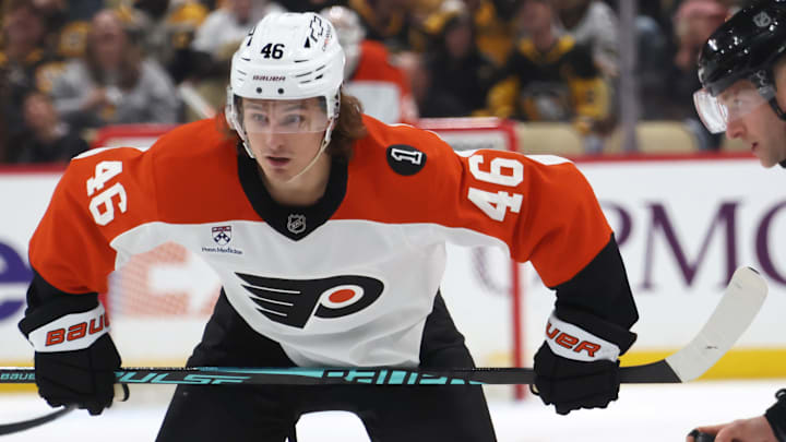 Mar 7, 2026; Pittsburgh, Pennsylvania, USA;  Philadelphia Flyers center Trevor Zegras (46) waits to take a third period face-off against the Pittsburgh Penguins at PPG Paints Arena.