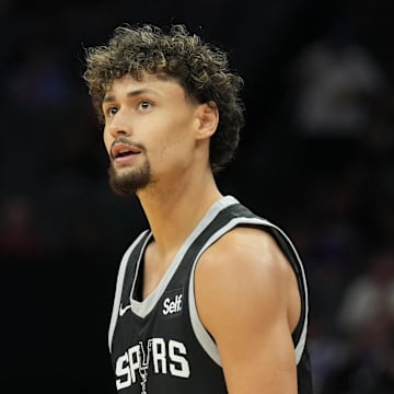 Jul 3, 2023; Sacramento, CA, USA; San Antonio Spurs guard Javante McCoy (46) during the third quarter against the Charlotte Hornets at Golden 1 Center. Mandatory Credit: Darren Yamashita-Imagn Images