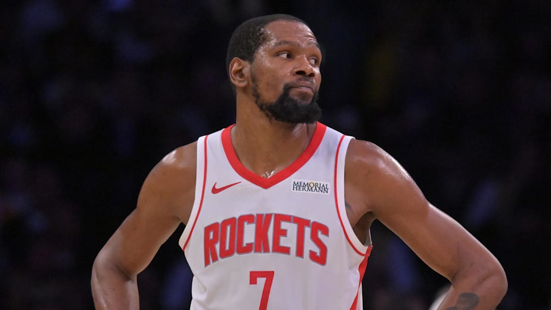 Apr 21, 2026; Los Angeles, California, USA; Houston Rockets forward Kevin Durant (7) looks on from the court during the final minutes of game two of the first round of the 2026 NBA Playoffs at against the Los Angeles Lakers at Crypto.com Arena. Mandatory Credit: Jayne Kamin-Oncea-Imagn Images