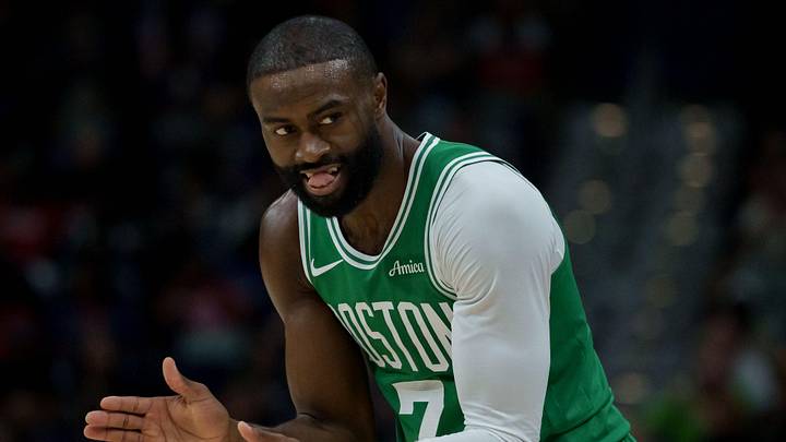 Oct 27, 2025; New Orleans, Louisiana, USA; Boston Celtics guard Jaylen Brown (7) reacts during the first half against the New Orleans Pelicans at Smoothie King Center. Mandatory Credit: Matthew Hinton-Imagn Images