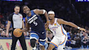 Feb 24, 2025; Oklahoma City, Oklahoma, USA; Minnesota Timberwolves guard Anthony Edwards (5) works to keep the ball inbounds as Oklahoma City Thunder guard Shai Gilgeous-Alexander (2) defends during the second half at Paycom Center. Mandatory Credit: Alonzo Adams-Imagn Images