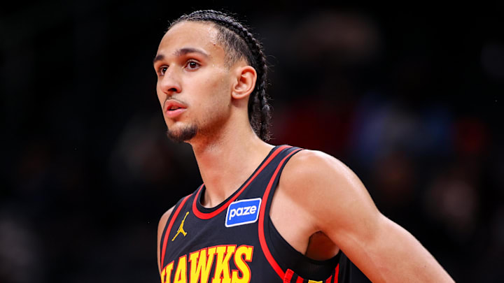 Atlanta Hawks forward Zaccharie Risacher (10) in action against the Miami Heat in the fourth quarter at State Farm Arena on February 20, 2026.