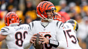 Cincinnati Bengals quarterback Joe Flacco (16) drops back to throw in the second quarter of the NFL Week 11 game between the Pittsburgh Steelers and the Cincinnati Bengals at Acrisure Stadium in Pittsburgh on Sunday, Nov. 16, 2025. The Steelers led 10-6 at halftime.