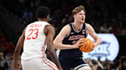 Mar 15, 2025; Kansas City, MO, USA; Arizona Wildcats forward Henri Veesaar (13) makes a pass against Houston Cougars guard Terrance Arceneaux (23) during the second half for the Big 12 Conference Tournament Championship game at T-Mobile Center. Mandatory Credit: William Purnell-Imagn Images