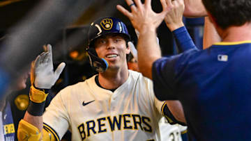 Aug 11, 2025; Milwaukee, Wisconsin, USA; Milwaukee Brewers designated hitter Christian Yelich (22) celebrates after hitting a solo home run in the third inning against the Pittsburgh Pirates at American Family Field. Mandatory Credit: Benny Sieu-Imagn Images