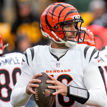 Cincinnati Bengals quarterback Joe Flacco (16) drops back to throw in the second quarter of the NFL Week 11 game between the Pittsburgh Steelers and the Cincinnati Bengals at Acrisure Stadium in Pittsburgh on Sunday, Nov. 16, 2025. The Steelers led 10-6 at halftime.