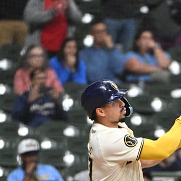 Milwaukee Brewers shortstop Willy Adames (27) hits a double against the St. Louis Cardinals in the eleventh inning at American Family Field on Sept 3.