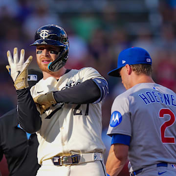 Jul 8, 2025; Minneapolis, Minnesota, USA;  Minnesota Twins designated hitter Ryan Jeffers (27) celebrates his double against the Chicago Cubs in the first inning at Target Field. Mandatory Credit: Brad Rempel-Imagn Images