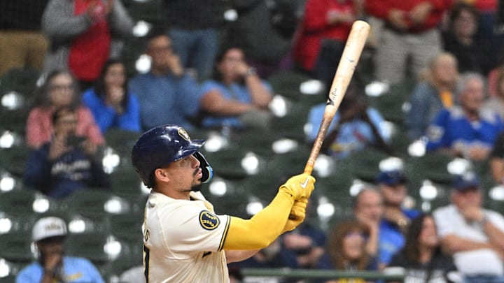 Milwaukee Brewers shortstop Willy Adames (27) hits a double against the St. Louis Cardinals in the eleventh inning at American Family Field on Sept 3.