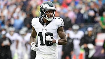 Sep 10, 2023; Foxborough, Massachusetts, USA; Philadelphia Eagles wide receiver Quez Watkins (16) between plays during the first half against the New England Patriots at Gillette Stadium.