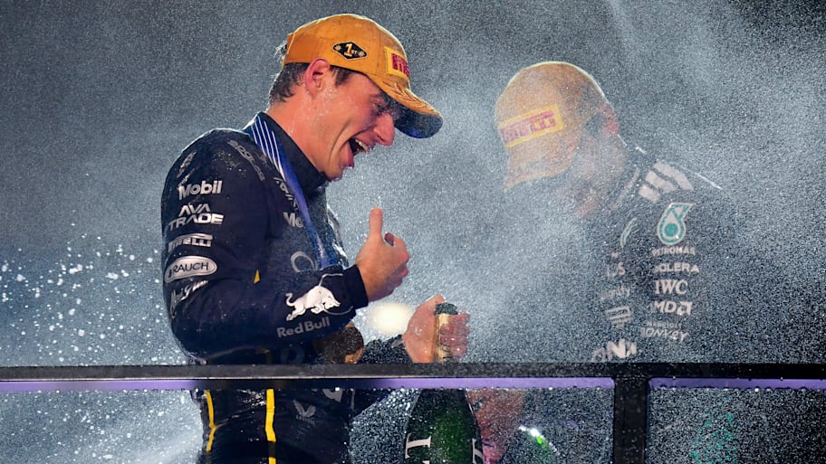 Red Bull Racing driver Max Verstappen celebrates his victory of the Las Vegas Grand Prix