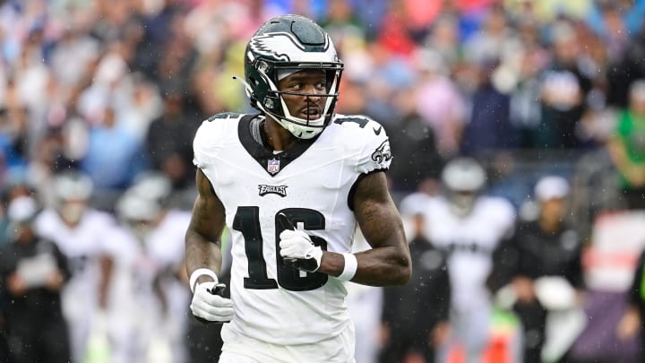 Sep 10, 2023; Foxborough, Massachusetts, USA; Philadelphia Eagles wide receiver Quez Watkins (16) between plays during the first half against the New England Patriots at Gillette Stadium. Mandatory Credit: Eric Canha-USA TODAY Sports