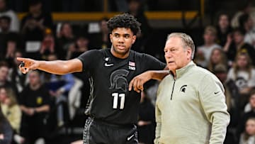 Mar 6, 2025; Iowa City, Iowa, USA; Michigan State Spartans head coach Tom Izzo talks with guard Jase Richardson (11) during the first half against the Iowa Hawkeyes at Carver-Hawkeye Arena. Mandatory Credit: Jeffrey Becker-Imagn Images