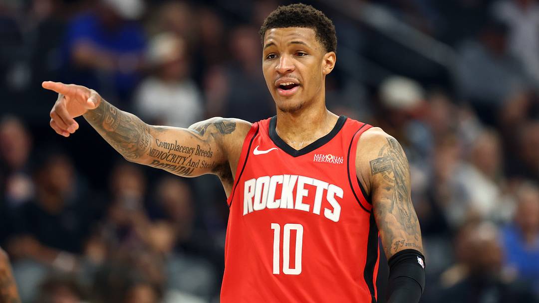 Apr 7, 2026; Phoenix, Arizona, USA; Houston Rockets forward Jabari Smith Jr. (10) against the Phoenix Suns at Mortgage Matchup Center. Mandatory Credit: Mark J. Rebilas-Imagn Images