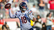 Dec 8, 2024; Santa Clara, California, USA; Chicago Bears quarterback Caleb Williams (18) throws a pass during the first quarter against the San Francisco 49ers at Levi's Stadium. Mandatory Credit: Bob Kupbens-Imagn Images