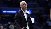 Nov 10, 2025; Storrs, Connecticut, USA; UConn Huskies head coach Dan Hurley talks with an official as they take on the Columbia Lions at Harry A. Gampel Pavilion. Mandatory Credit: David Butler II-Imagn Images