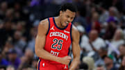 Apr 2, 2024; Sacramento, California, USA; New Orleans Pelicans guard Trey Murphy III (25) celebrates after scoring a basket during the first quarter against the Sacramento Kings at Golden 1 Center