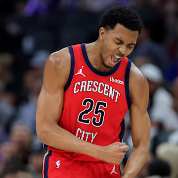 Apr 2, 2024; Sacramento, California, USA; New Orleans Pelicans guard Trey Murphy III (25) celebrates after scoring a basket during the first quarter against the Sacramento Kings at Golden 1 Center