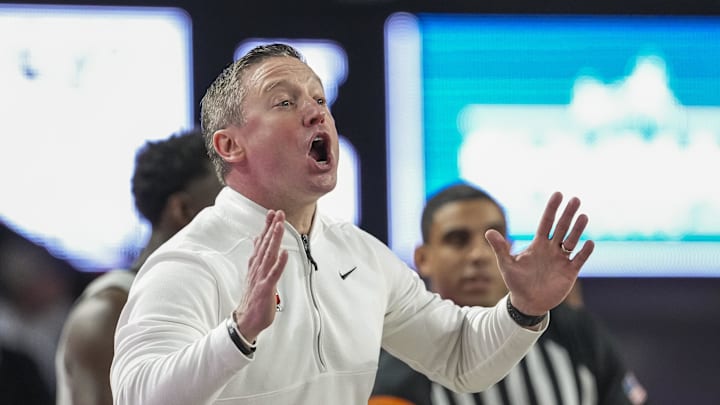 Feb 11, 2026; Athens, Georgia, USA; Georgia Bulldogs head coach Mike White reacts on the bench against the Florida Gators during the first half at Stegeman Coliseum. Mandatory Credit: Dale Zanine-Imagn Images
