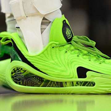 Golden State Warriors guard Stephen Curry wears the Curry 12.