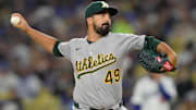 May 15, 2025; Los Angeles, California, USA; Athletics pitcher Jason Alexander (49) throws a pitch against the Los Angeles Dodgers during the second inning of the game at Dodger Stadium. Mandatory Credit: Jayne Kamin-Oncea-Imagn Images
