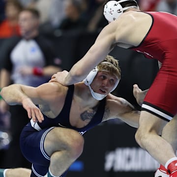 Penn State's Josh Barr wrestles Lock Haven's Tucker Hogan during the NCAA Wrestling Championships at Wells Fargo Center.
