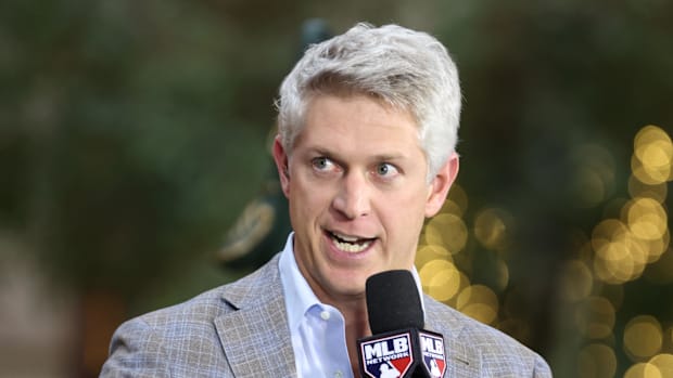 Baltimore Orioles executive vice president and general manager Mike Elias talks on December 10, 2025