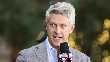 Dec 10, 2024; Dallas, TX, USA; Baltimore Orioles executive vice president and general manager Mike Elias talks on the set of MLB Network at the Hilton Anatole during the 2024 MLB Winter Meetings. Mandatory Credit: Tim Heitman-Imagn Images