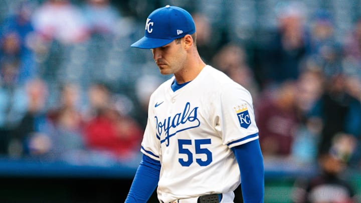 Apr 8, 2025; Kansas City, Missouri, USA; Kansas City Royals pitcher Cole Ragans (55) leaves the field after the second inning against the Minnesota Twins at Kauffman Stadium. Mandatory Credit: William Purnell-Imagn Images