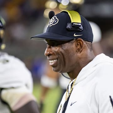 Oct 7, 2023; Tempe, Arizona, USA; Colorado Buffaloes head coach Deion Sanders against the Arizona State Sun Devils at Mountain America Stadium. Mandatory Credit: Mark J. Rebilas-Imagn Images