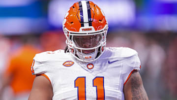 Aug 31, 2024; Atlanta, Georgia, USA; Clemson Tigers defensive lineman Peter Woods (11) shown on the field pregame prior to the game against the Georgia Bulldogs at Mercedes-Benz Stadium. Mandatory Credit: Dale Zanine-Imagn Images