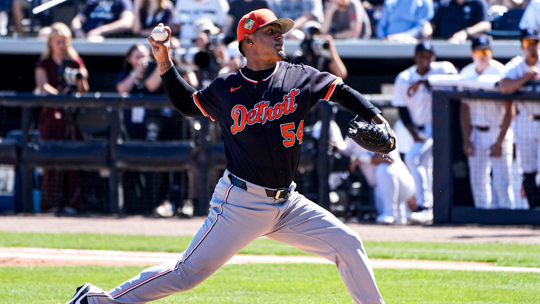 Detroit Tigers pitcher Keider Montero throws against Detroit Tigers during the first inning at George M. Steinbrenner Field in Tampa, Fla. on Saturday, Feb. 21, 2026.