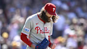 Jul 13, 2025; San Diego, California, USA; Philadelphia Phillies relief pitcher Matt Strahm (25) reacts after the Phillies defeated the San Diego Padres at Petco Park. Mandatory Credit: Denis Poroy-Imagn Images